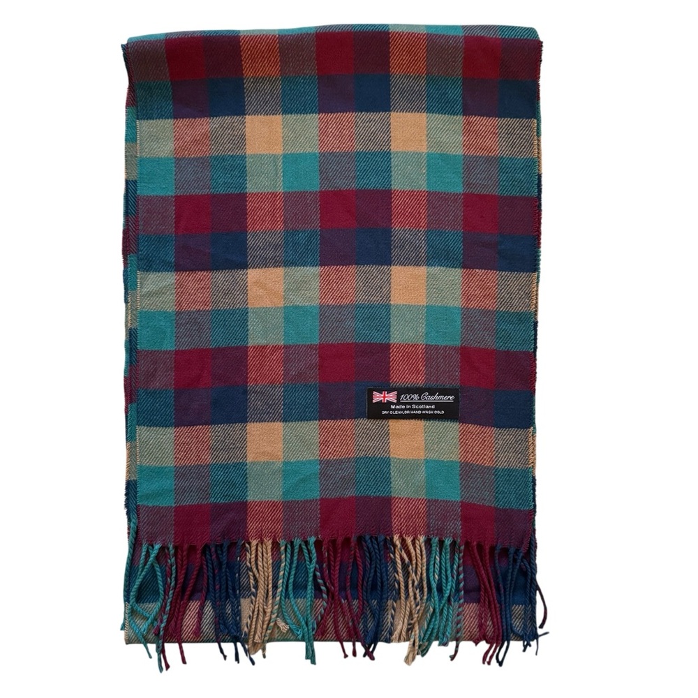 Multicolor 100% Cashmere Check Plaid Scarf Made in Scotland Unisex 12” x 72”